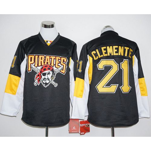 Pittsburgh Pirates #21 Roberto Clemente Black Long Sleeve Stitched Jersey Men's