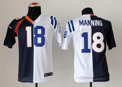 Broncos #18 Peyton Manning Blue/White Youth Stitched Elite Split Colts Jersey