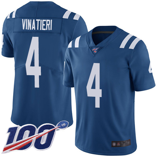Indianapolis Colts #4 Adam Vinatieri Royal Blue Team Color Men's Stitched 100th Season Vapor Limited Jersey Men's