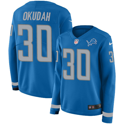 Detroit Lions #30 Jeff Okudah Blue Team Color Women's Stitched Limited Therma Long Sleeve Jersey Womens