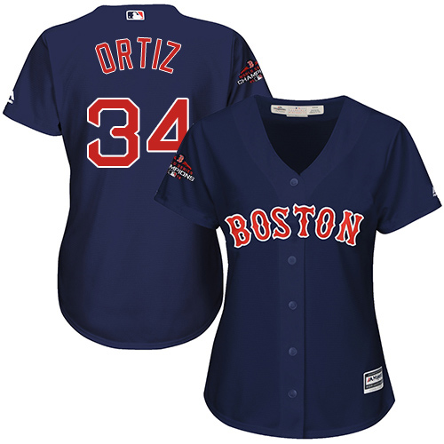 Boston Red Sox #34 David Ortiz Navy Blue Alternate 2018 World Series Champions Women's Stitched Jersey Womens