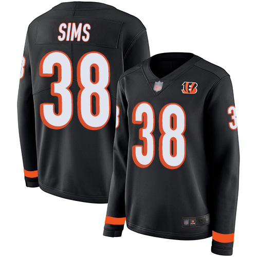 Cincinnati Bengals #38 LeShaun Sims Black Team Color Women's Stitched Limited Therma Long Sleeve Jersey Womens