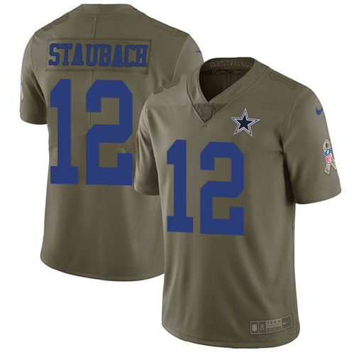 Cowboys #12 Roger Staubach Olive Men's Stitched Limited 2017 Salute To Service Jersey