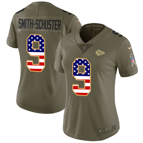 Chiefs #9 JuJu Smith-Schuster Olive/USA Flag Women's Stitched Limited 2017 Salute To Service Jersey