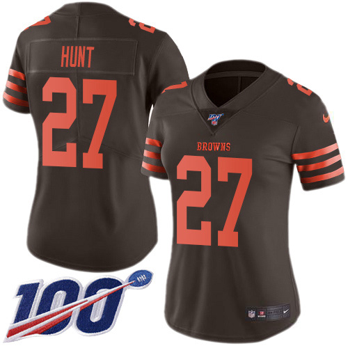 Cleveland Browns #27 Kareem Hunt Brown Women's Stitched Limited Rush 100th Season Jersey Womens