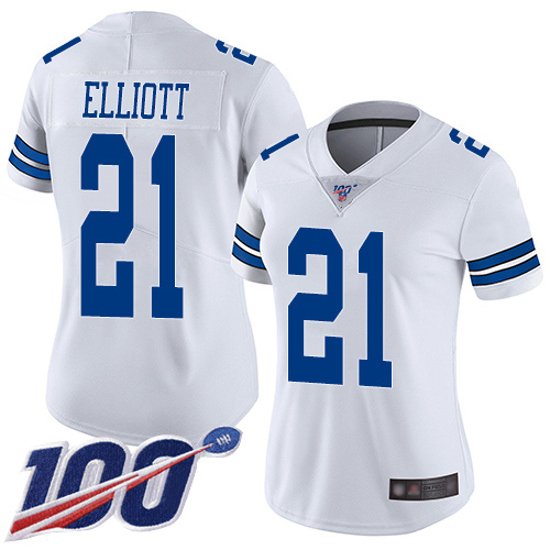 Cowboys #21 Ezekiel Elliott White Women's Stitched 100th Season Vapor Limited Jersey