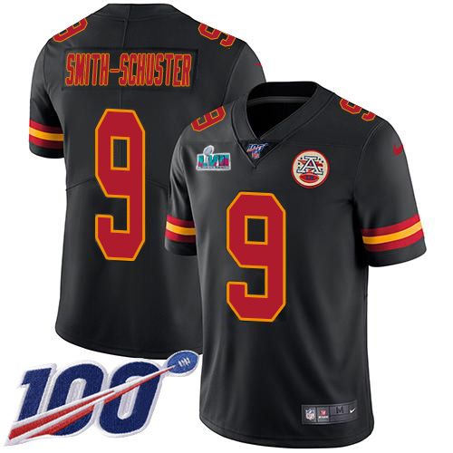 Chiefs #9 JuJu Smith-Schuster Black Super Bowl LVII Patch Youth Stitched Limited Rush 100th Season Jersey