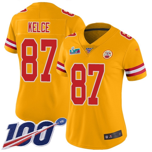 Chiefs #87 Travis Kelce Gold Super Bowl LVII Patch Women's Stitched Limited Inverted Legend 100th Season Jersey