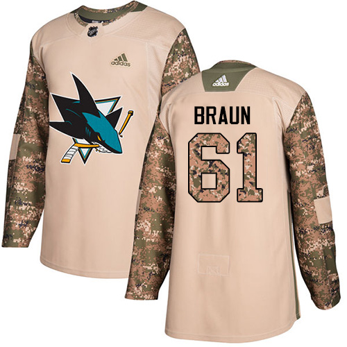 Adidas San Jose Sharks #61 Justin Braun Camo Authentic 2017 Veterans Day Stitched Jersey Men's