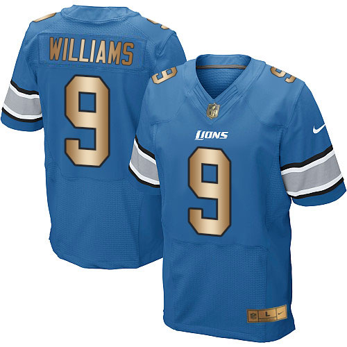 Lions #9 Jameson Williams Blue Team Color Men's Stitched Elite Gold Jersey