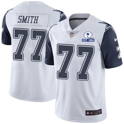Dallas Cowboys #77 Tyron Smith White Men's Stitched With Established In 1960 Patch Limited Rush Jersey Men's