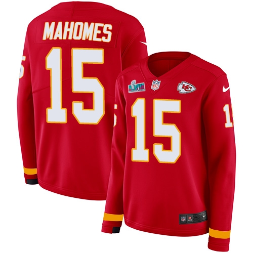 Chiefs #15 Patrick Mahomes Red Team Color Super Bowl LVII Patch Women's Stitched Limited Therma Long Sleeve Jersey