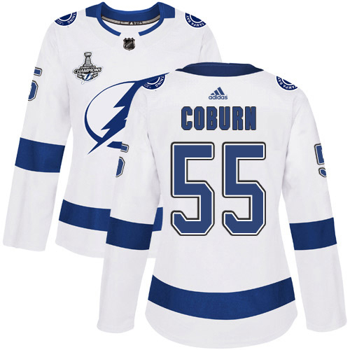 Adidas Tampa Bay Lightning #55 Braydon Coburn White Road Authentic Women's 2020 Stanley Cup Champions Stitched Jersey Womens