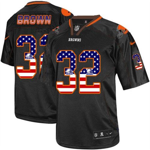 Browns #32 Jim Brown Black Men's Stitched Elite USA Flag Fashion Jersey