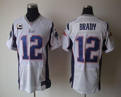 Patriots #12 Tom Brady White With C Patch Men's Stitched Elite Jersey