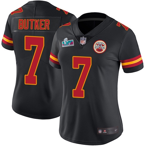 Chiefs #7 Harrison Butker Black Super Bowl LVII Patch Women's Stitched Limited Rush Jersey