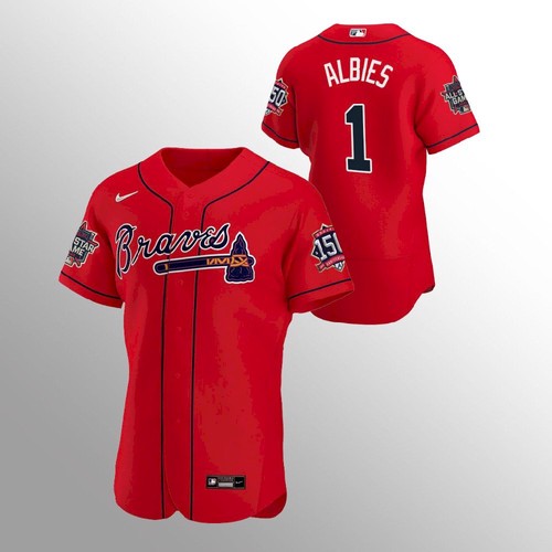 Atlanta Atlanta Braves #1 Ozzie Albies Men's 150th Anniversary 2021 World Series Authentic Jersey - Red Men's