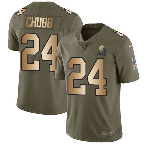 Browns #24 Nick Chubb Olive/Gold Youth Stitched Limited 2017 Salute To Service Jersey