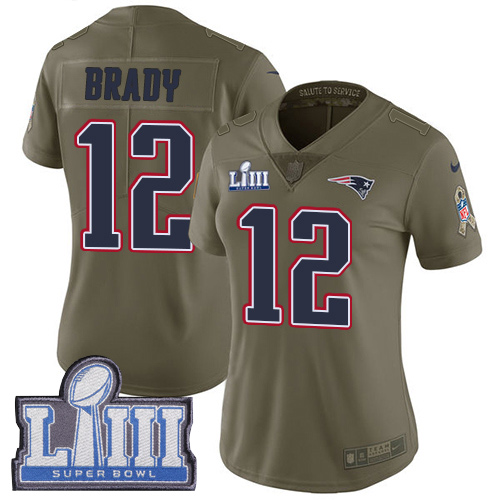 Patriots #12 Tom Brady Olive Super Bowl LIII Bound Women's Stitched Limited 2017 Salute To Service Jersey