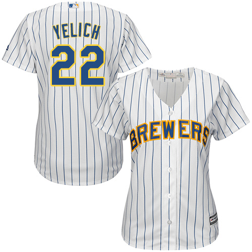 Milwaukee Brewers #22 Christian Yelich White Strip Home Women's Stitched Jersey Womens