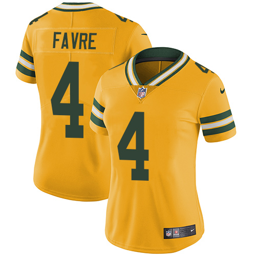 Green Bay Packers #4 Brett Favre Yellow Women's Stitched Limited Rush Jersey Womens