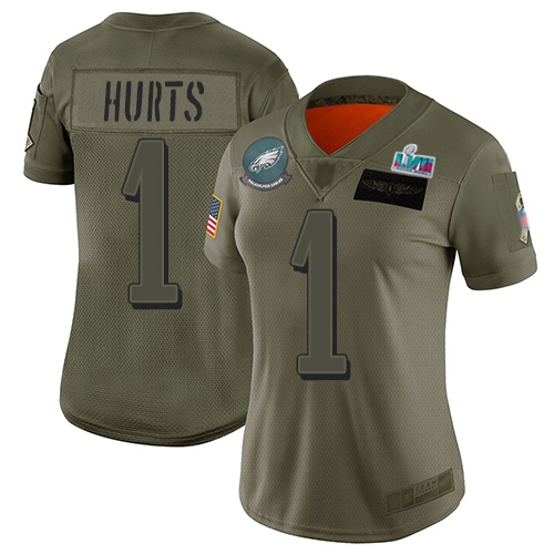 Eagles #1 Jalen Hurts Camo Super Bowl LVII Patch Women's Stitched Limited 2019 Salute To Service Jersey