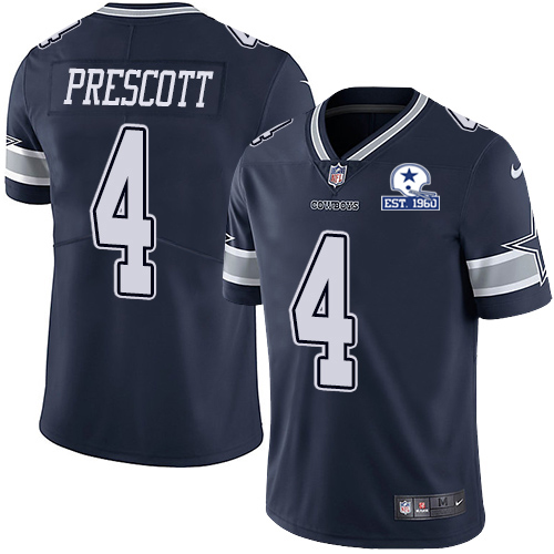Cowboys #4 Dak Prescott Navy Blue Team Color Men's Stitched With Established In 1960 Patch Vapor Untouchable Limited Jersey
