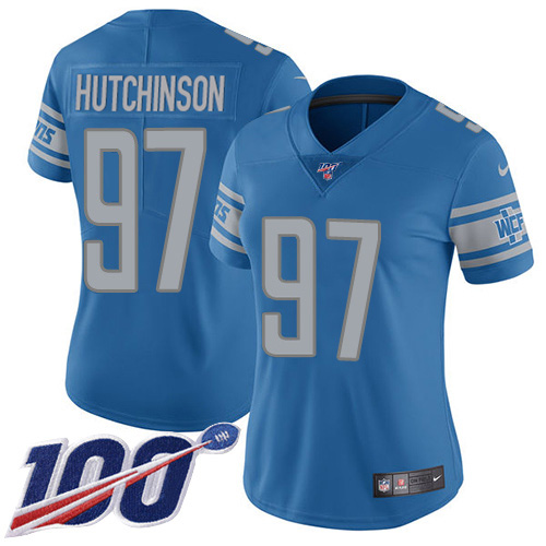 Lions #97 Aidan Hutchinson Blue Team Color Women's Stitched 100th Season Vapor Untouchable Limited Jersey