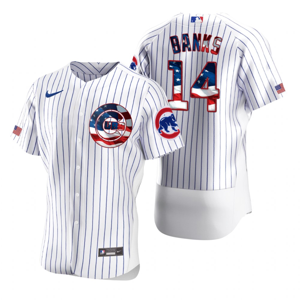 Men's Chicago Cubs #14 Ernie Banks White Fluttering USA Flag Limited Edition Authentic Jersey