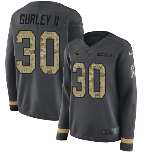 Los Angeles Rams #30 Todd Gurley II Anthracite Salute to Service Women's Stitched Limited Therma Long Sleeve Jersey Womens
