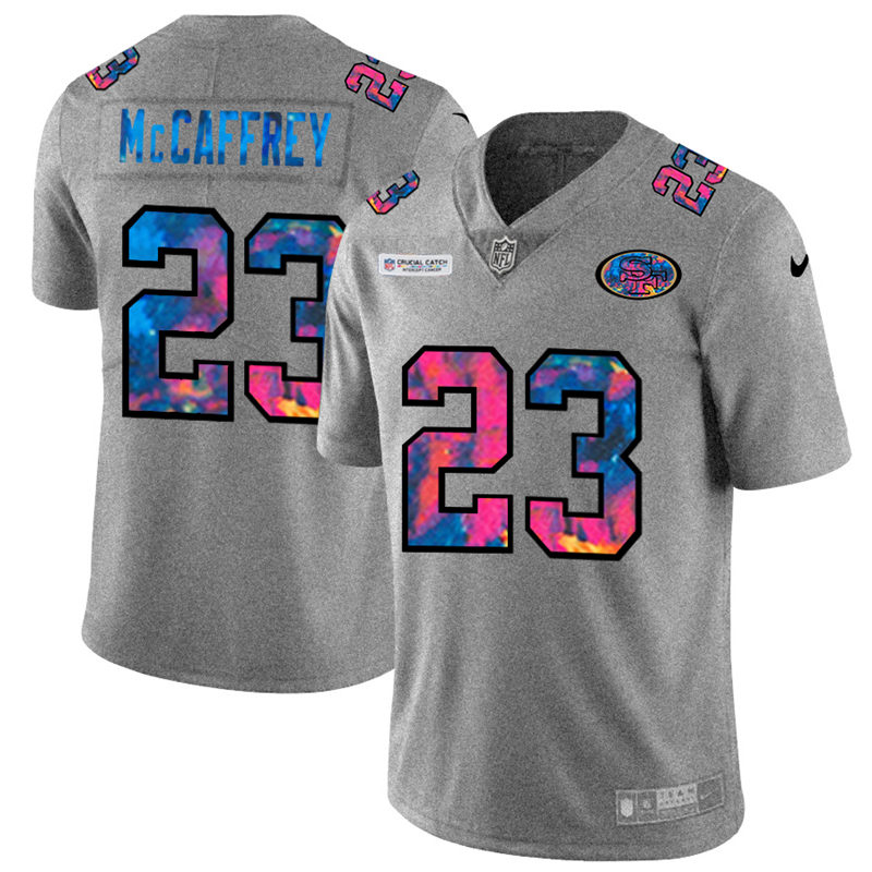 San Francisco 49ers #23 Christian McCaffrey Men's Multi-Color 2020 Crucial Catch Jersey Greyheather
