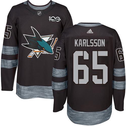 Adidas San Jose Sharks #65 Erik Karlsson Black 1917-2017 100th Anniversary Stitched Jersey Men's