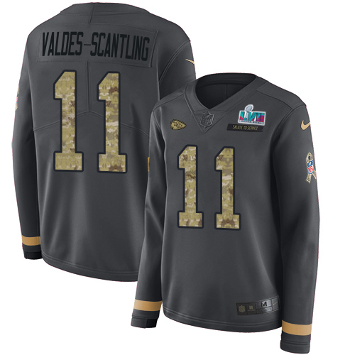 Chiefs #11 Marquez Valdes-Scantling Anthracite Salute To Service Super Bowl LVII Patch Women's Stitched Limited Therma Long Sleeve Jersey