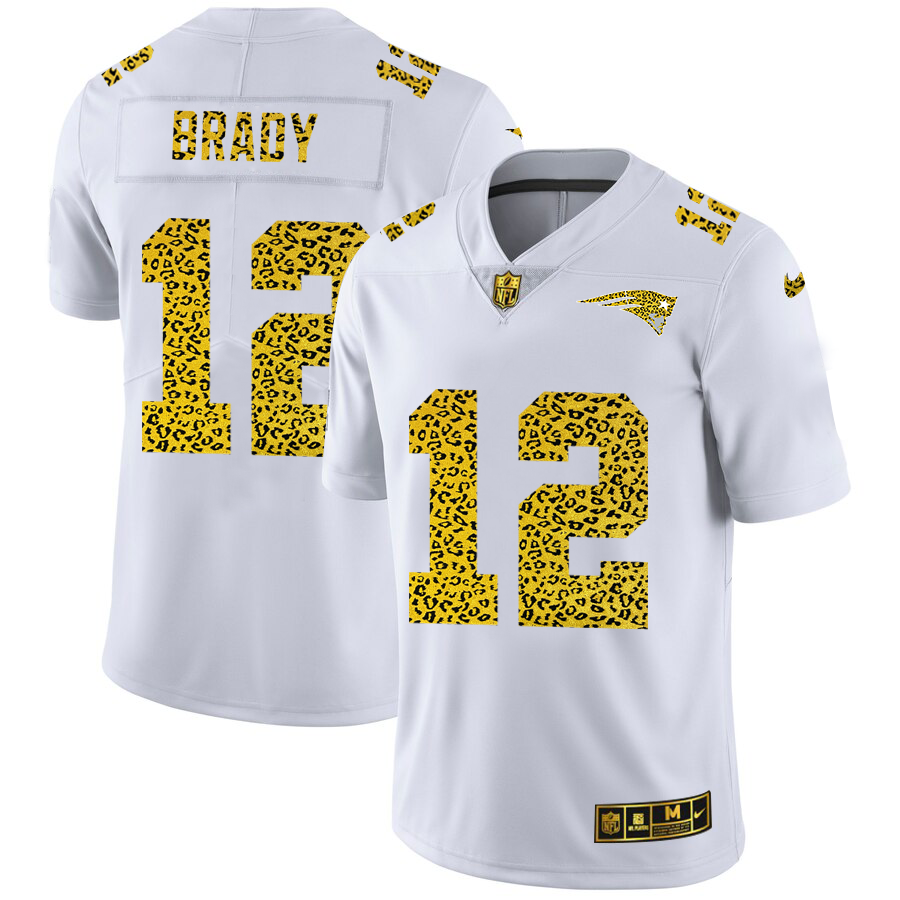 New England Patriots #12 Tom Brady Men's Flocked Leopard Print Vapor Limited Jersey White