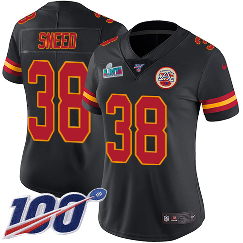 Chiefs #38 L'Jarius Sneed Black Super Bowl LVII Patch Women's Stitched Limited Rush 100th Season Jersey
