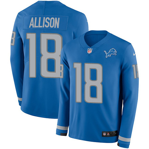 Detroit Lions #18 Geronimo Allison Blue Team Color Men's Stitched Limited Therma Long Sleeve Jersey Men's