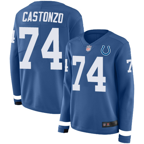Indianapolis Colts #74 Anthony Castonzo Royal Blue Team Color Women's Stitched Limited Therma Long Sleeve Jersey Womens
