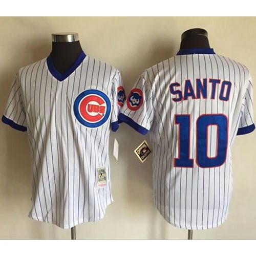 Mitchell And Ness Chicago Cubs #10 Ron Santo White(Blue Strip) Throwback Stitched Jersey Men's