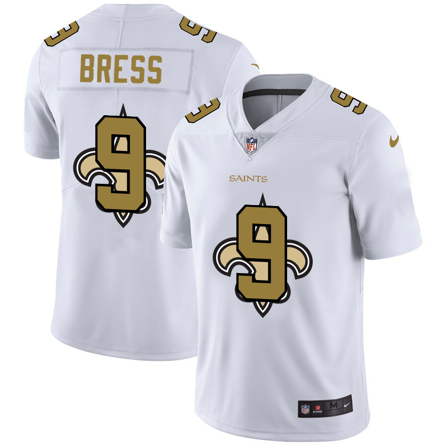 New Orleans Saints #9 Drew Brees White Men's Team Logo Dual Overlap Limited Jersey