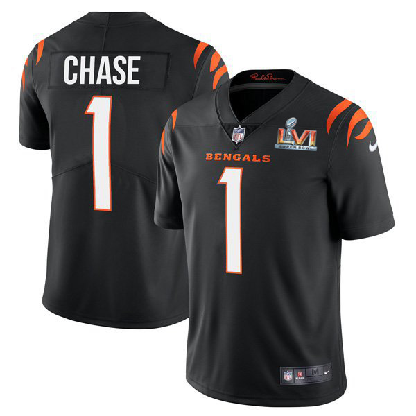 Cincinnati Bengals #1 Ja'Marr Chase Black Super Bowl LVI Patch Men's Vapor Limited Jersey