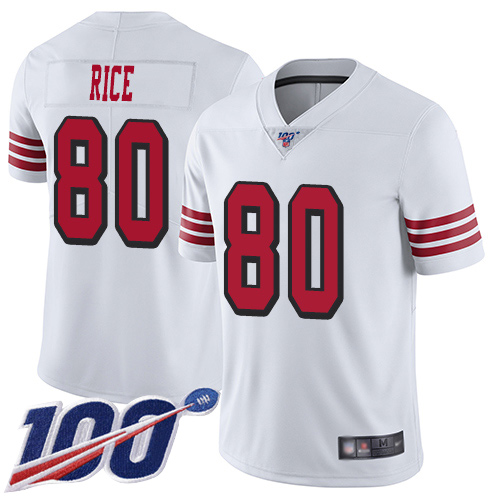 49ers #80 Jerry Rice White Rush Men's Stitched Limited 100th Season Jersey