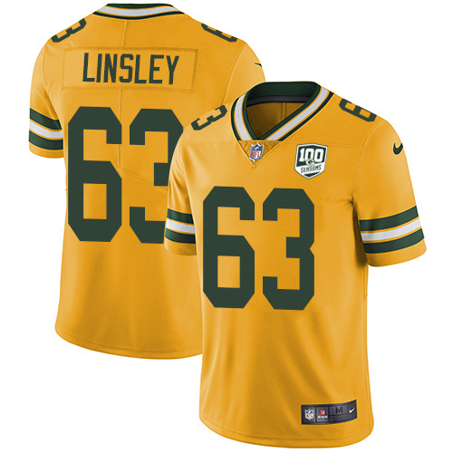 Green Bay Packers #63 Corey Linsley Yellow Men's 100th Season Stitched Limited Rush Jersey Men's