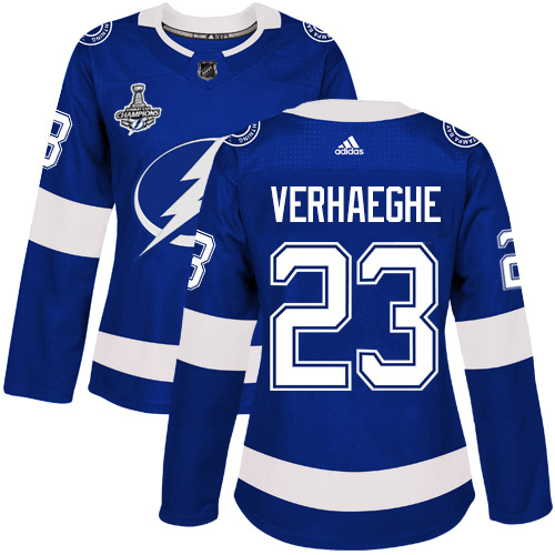 Adidas Tampa Bay Lightning #23 Carter Verhaeghe Blue Home Authentic Women's 2020 Stanley Cup Champions Stitched Jersey Womens