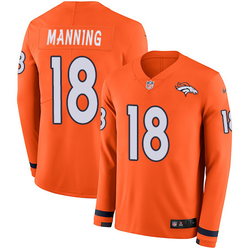 Broncos #18 Peyton Manning Orange Team Color Men's Stitched Limited Therma Long Sleeve Jersey