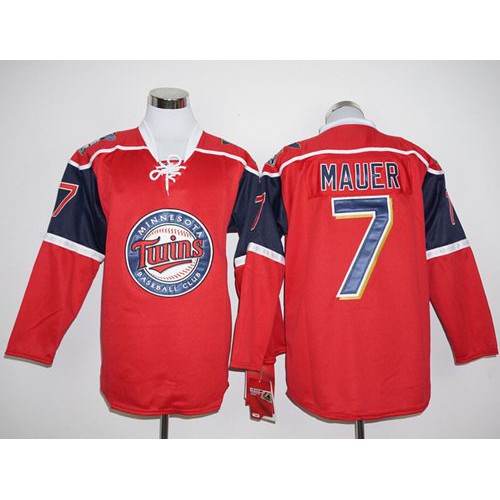 Minnesota Twins #7 Joe Mauer Red Long Sleeve Stitched Jersey Men's