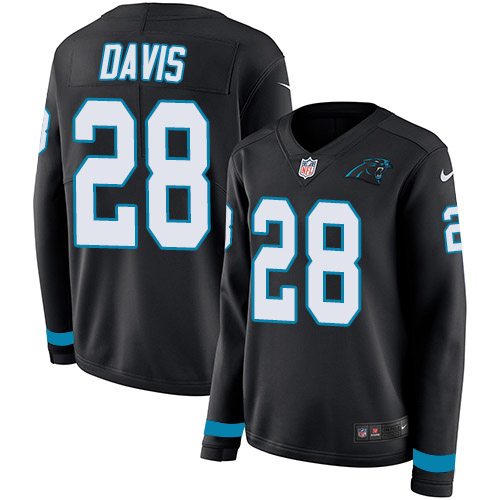 Carolina Panthers #28 Mike Davis Black Team Color Women's Stitched Limited Therma Long Sleeve Jersey Womens