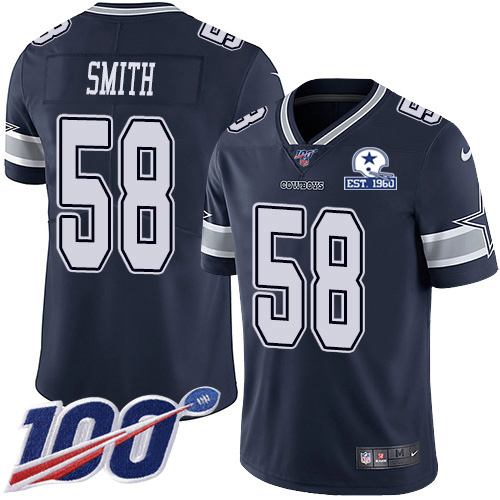 Dallas Cowboys #58 Aldon Smith Navy Blue Team Color Men's Stitched With Established In 1960 Patch 100th Season Vapor Untouchable Limited Jersey Me