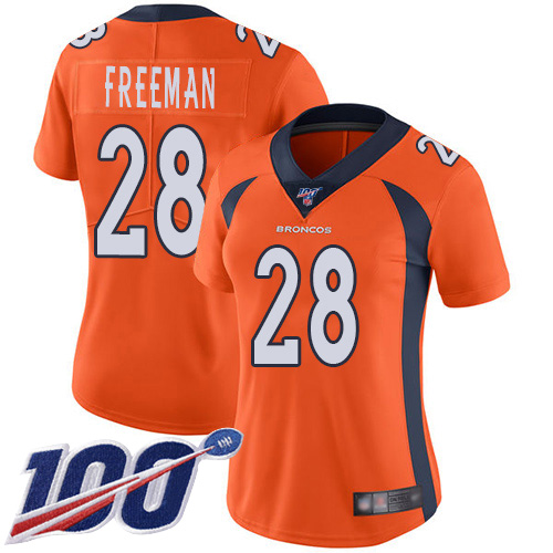 Denver Broncos #28 Royce Freeman Orange Team Color Women's Stitched 100th Season Vapor Limited Jersey Womens