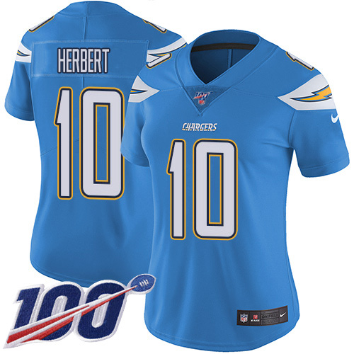 Chargers #10 Justin Herbert Electric Blue Alternate Women's Stitched 100th Season Vapor Untouchable Limited Jersey