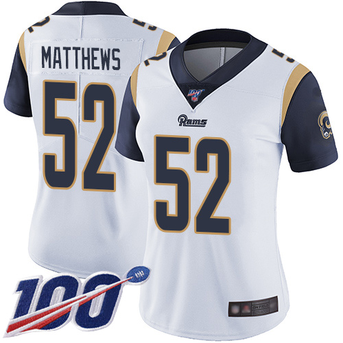 Los Angeles Rams #52 Clay Matthews White Women's Stitched 100th Season Vapor Limited Jersey Womens